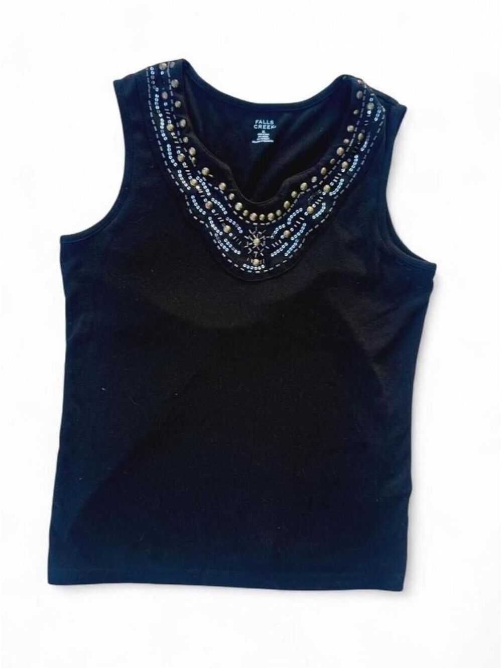 Black Beaded Embellished Tank Top Y2K Studded Notch Neck Cami